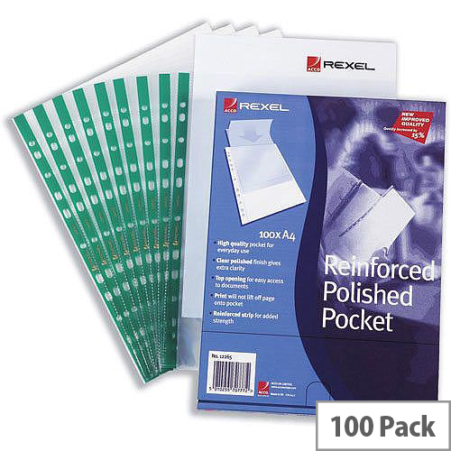 Rexel Clear Punched Pockets A4 Green Strip Pack 100