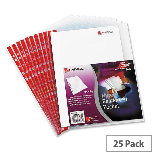 Rexel Nyrex Side Opening Punched Pocket A4 Clear Red Strip Pack 25