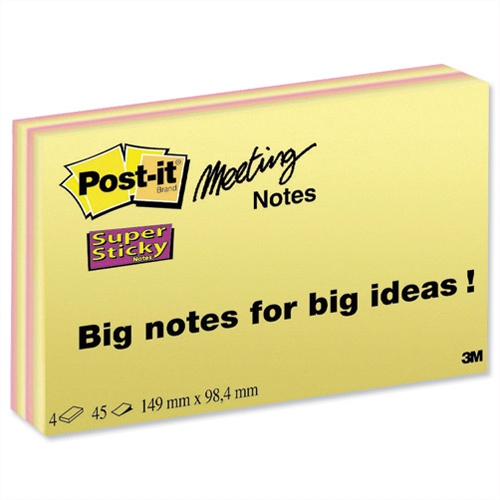 Post-it Super Sticky Meeting Notes 45 Sheets Pads 149x98.4mm Bright Colours Pack 4