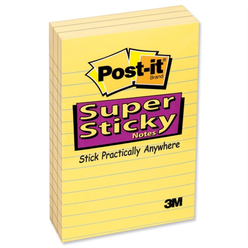 Post-it Super Sticky Removable Notes Ruled 102x152mm Pad 90 Sheets Yellow Pack 6